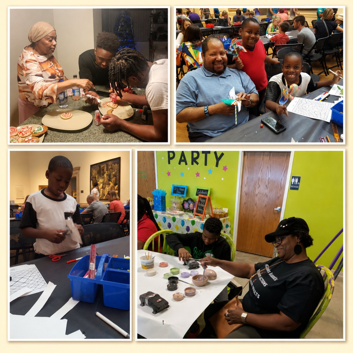 A collage of families making art together at SIP Arts Foundation gatherings.