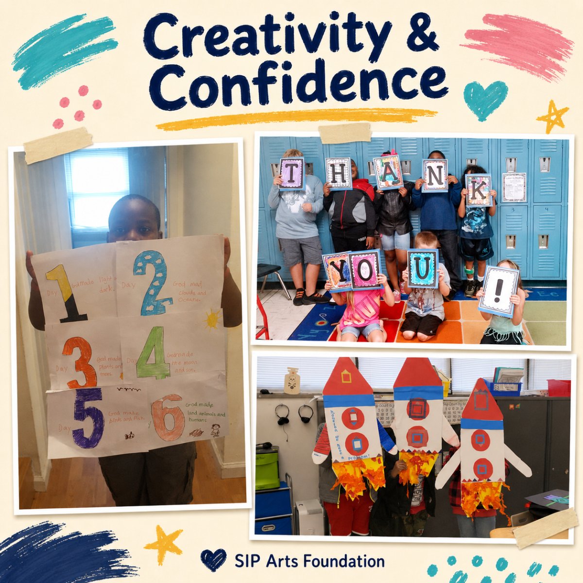 A collage of artwork and artists sharing their finished pieces with growing confidence.