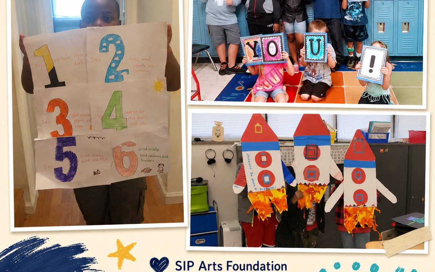 A collage of student artwork: a hand-drawn days-of-creation chart, a thank-you message, and paper rockets.