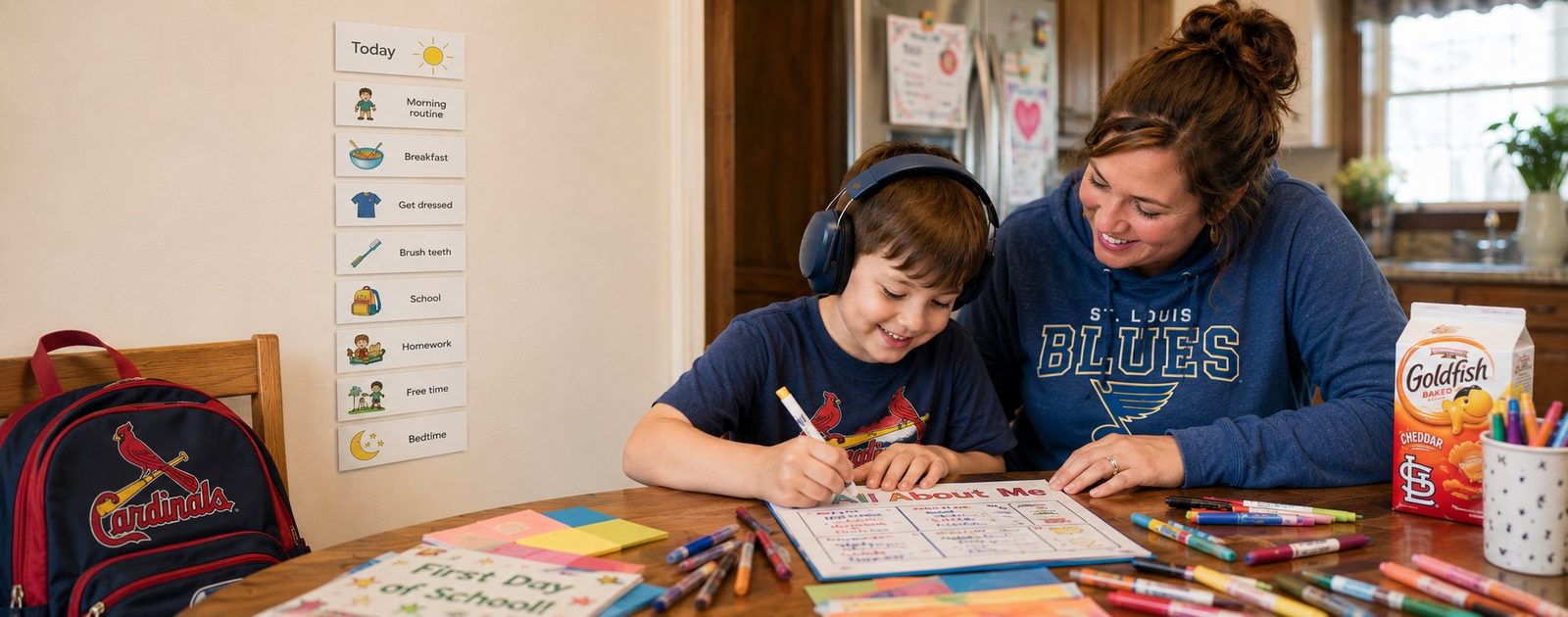 A parent and child doing a craft together at the kitchen table, with a visual schedule on the wall