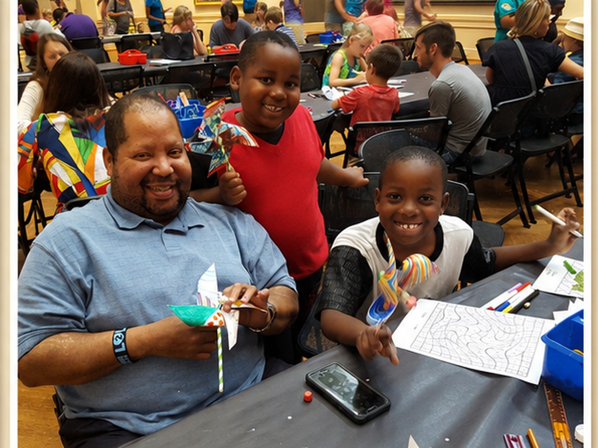 A family making pinwheels together at a shared table