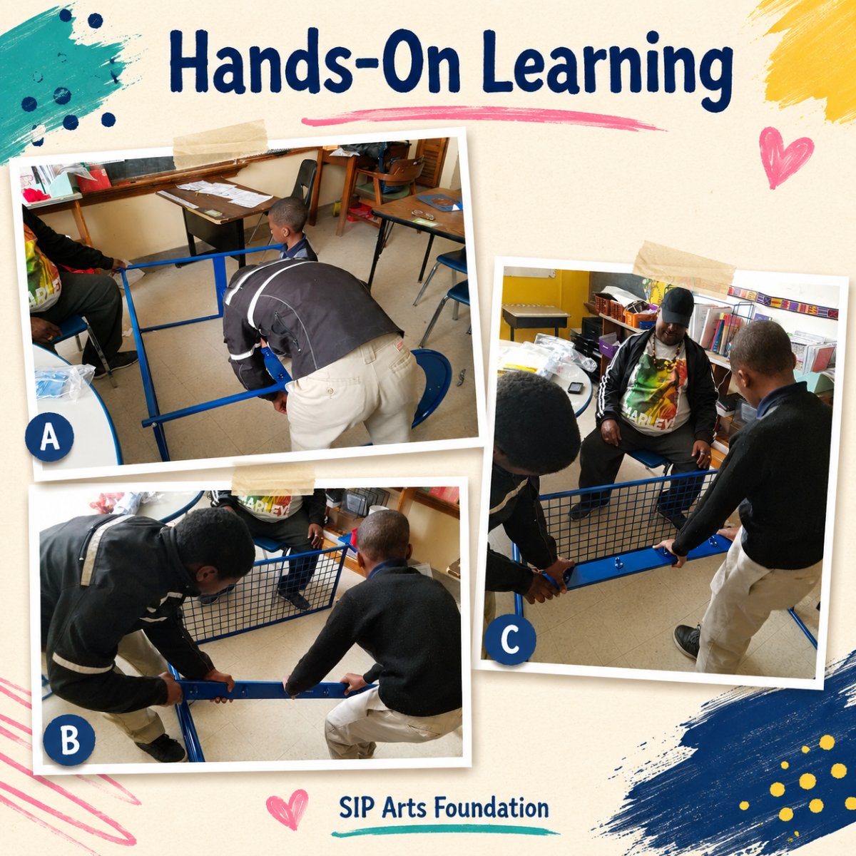 A collage of families and participants in hands-on workshops and learning sessions.