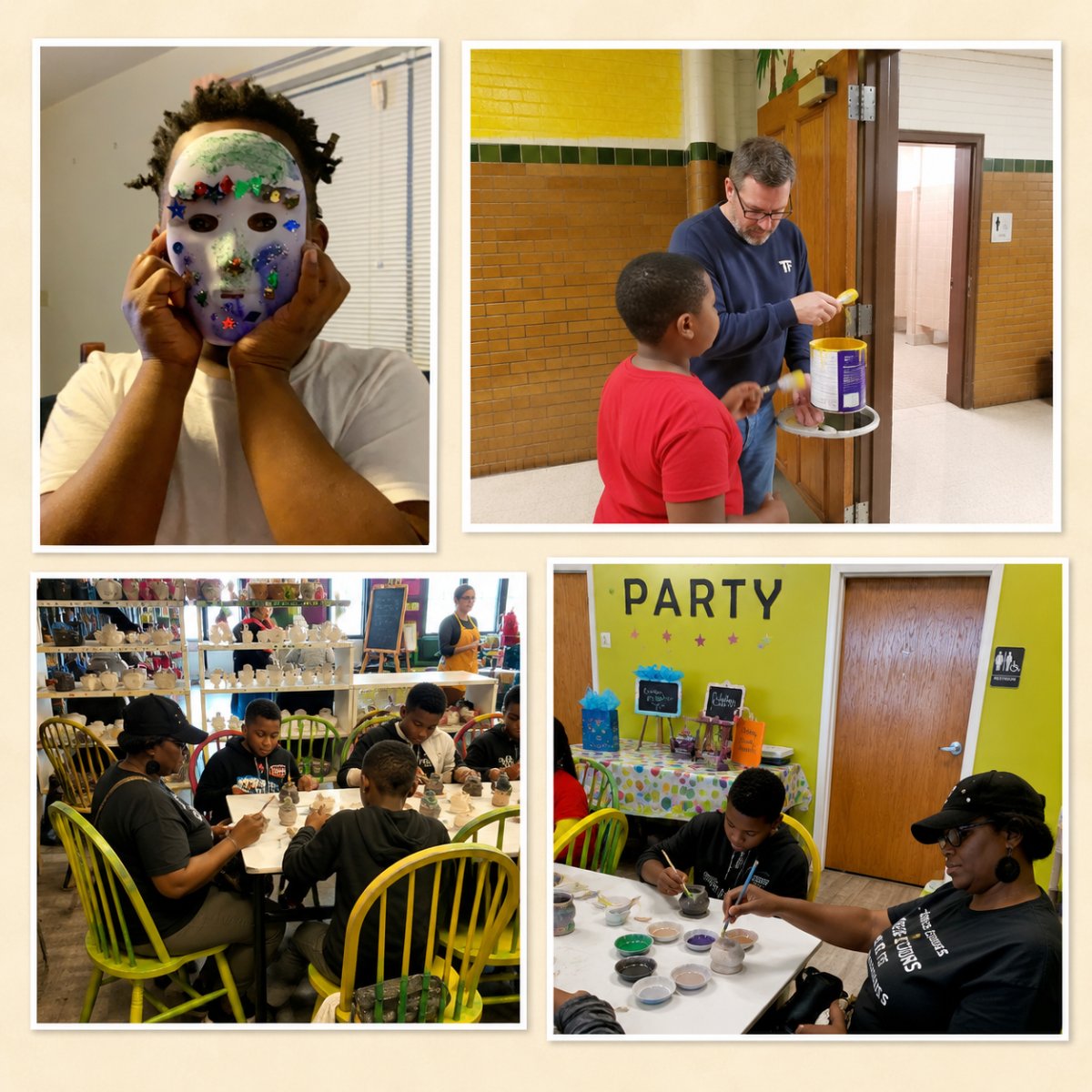 A collage of participants decorating masks, painting pottery, and working with colour.