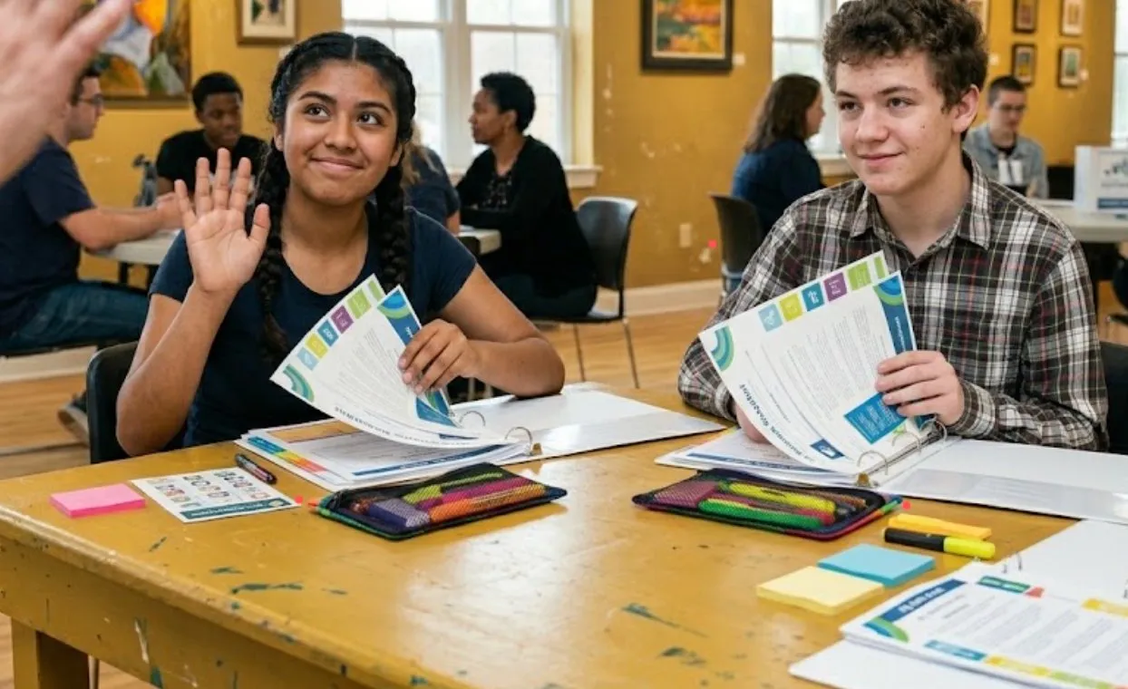Self-advocates working together on personalized advocacy binders.